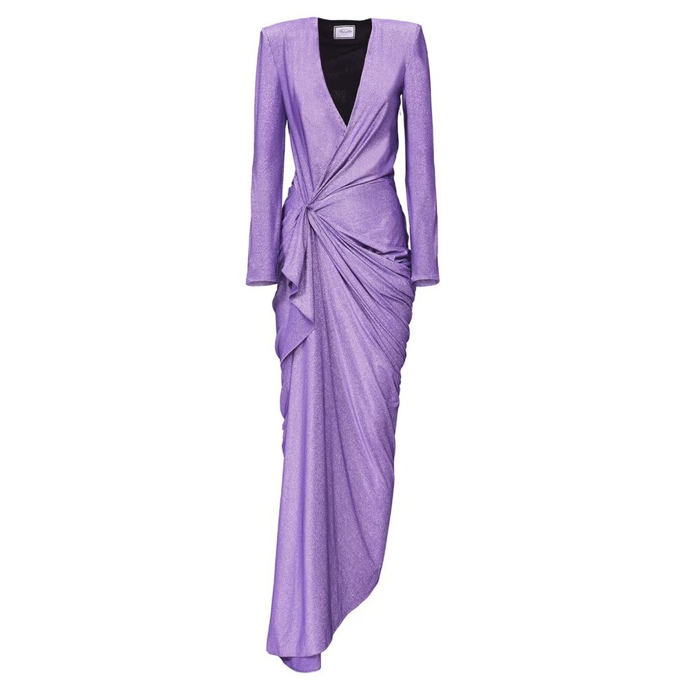 Redemption Draped Long Dress in Metallic Purple